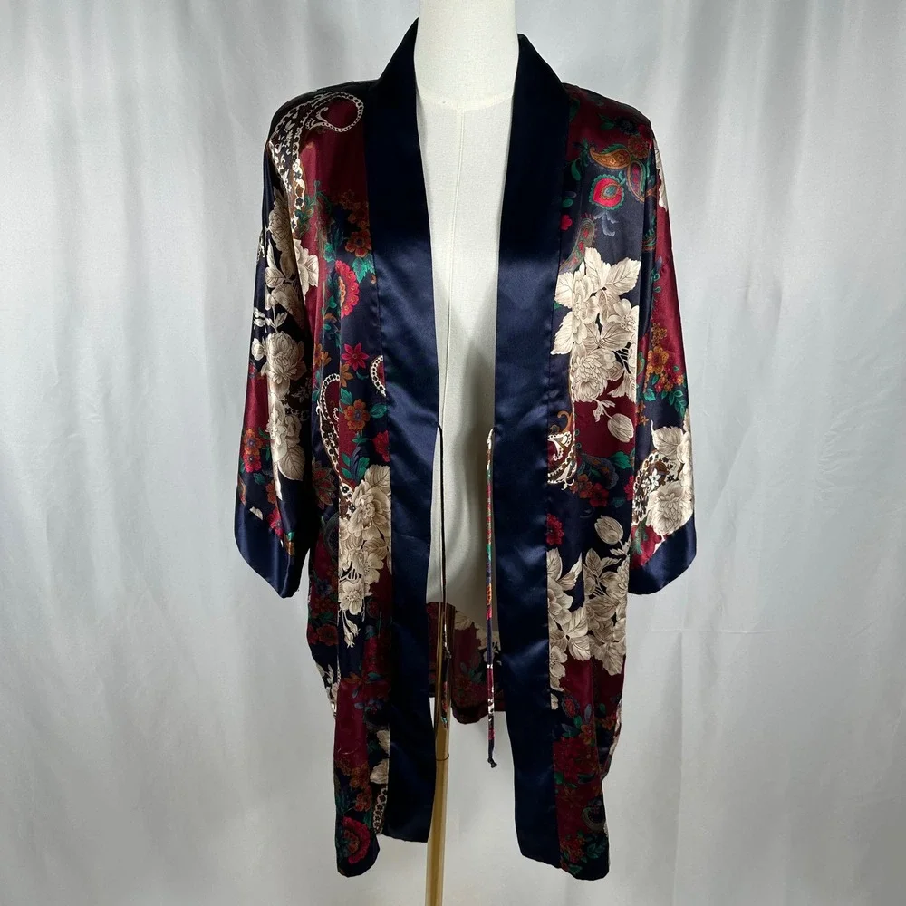 Vintage California Dynasty Silky Robe Large L Floral Paisley Kimono Duster Open